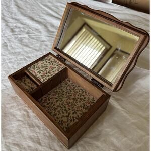 Vintage Wooden Musical Jewelry Box with Mirror and Floral Print Interior